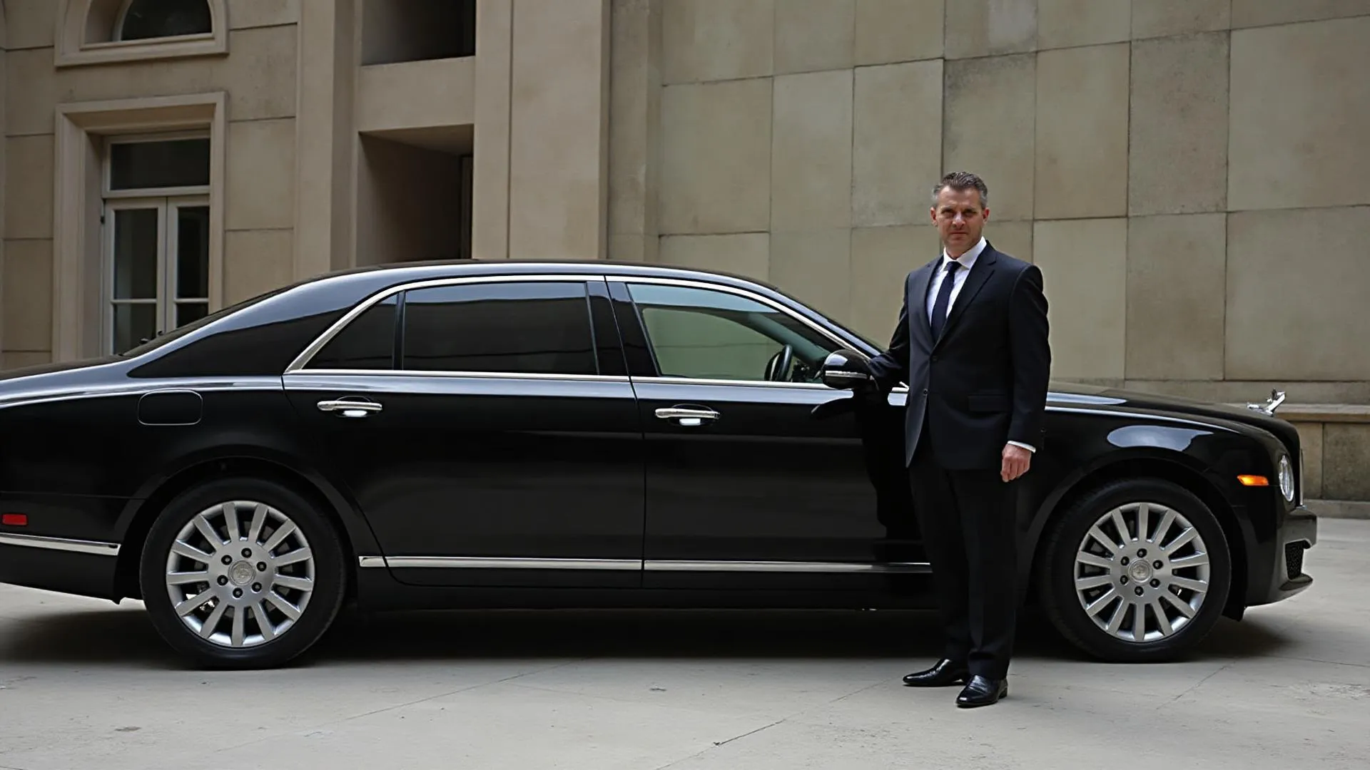 Black sedan luxury car service at airport pickup